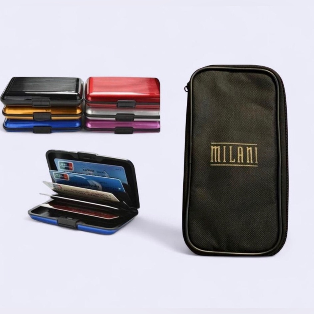 Milani Black Gold Makeup Bags & Metal Bankcard Blocking Hard Case Wallet Set